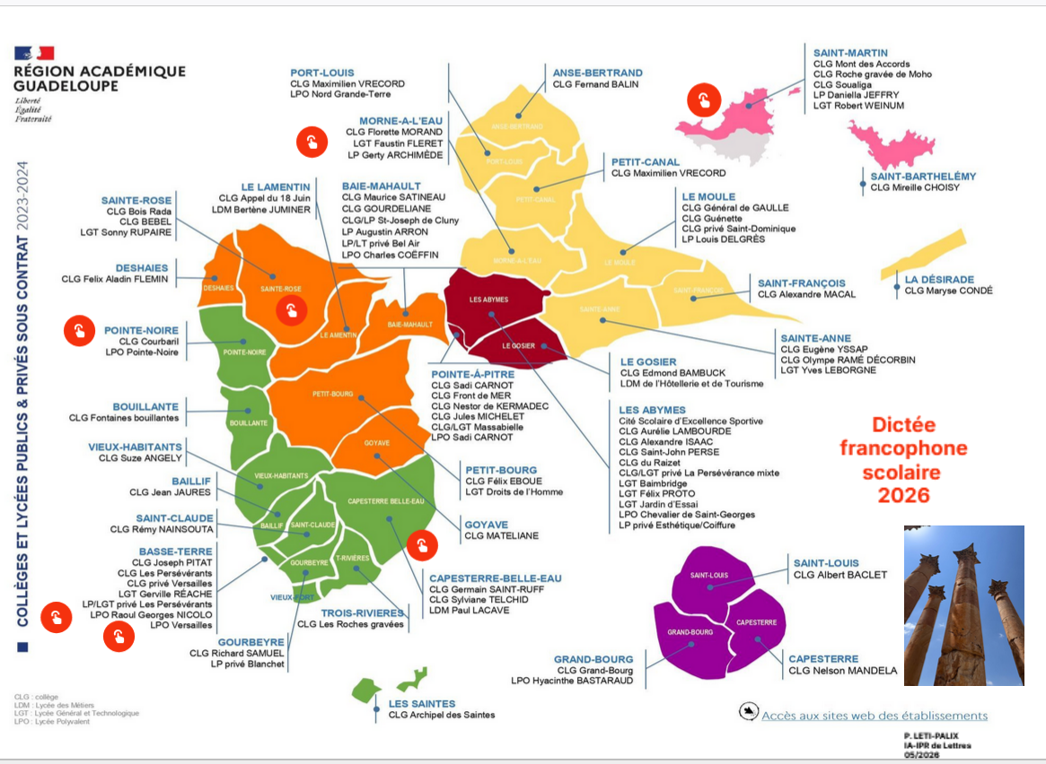 Carte montrant les établissements ayant participé à la dictée francophone 2026