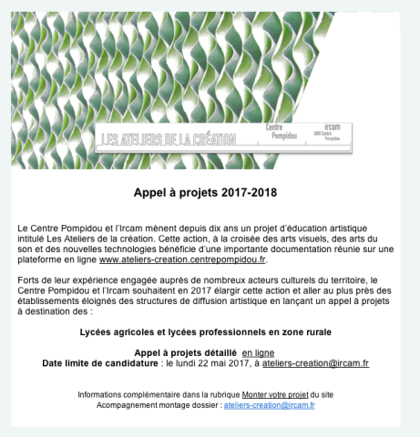 Appel a projets 2017-2018 - Les Ateliers de la création
