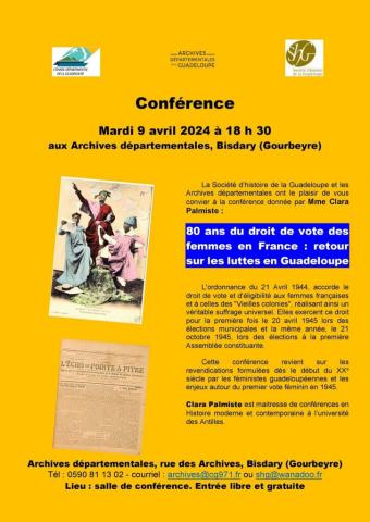 Archives départementales: conférence « 80 ans du droit de vote des femmes en France : retour sur les luttes en Guadeloupe ».